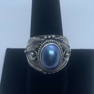 Women's Ornate Sterling Silver Ring With Blue Center Stone Size 9